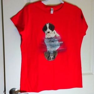 Gildan Red tee with dog reflections, size states 2XL but read measurements, EUC